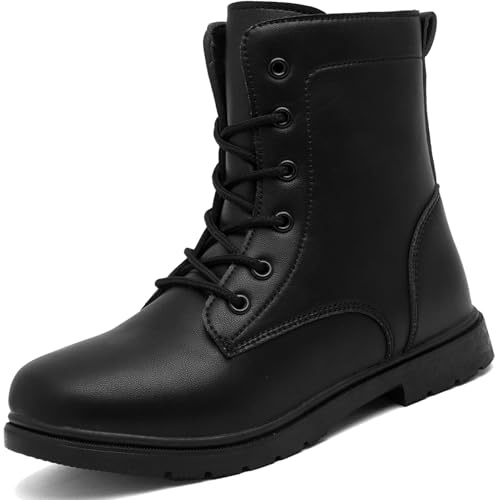 situkeke Ankle Boots for Boys Girls Waterproof Side Zipper Lace Up Kids Black School Boots Leather Walking Boots High Top Ankle Booties,Black EU34