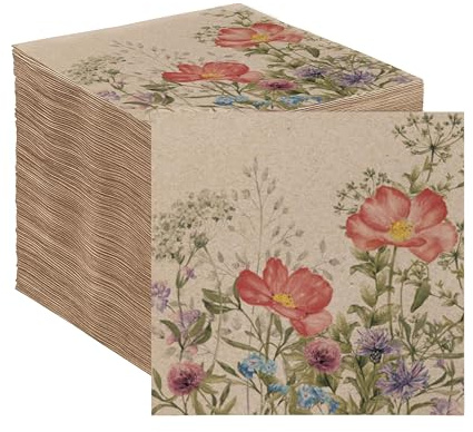 100 tovaglioli di carta riciclata a fiori, motivo prato, ecologici, usa e getta per compleanni, matrimoni, catering e uso quotidiano, realizzati nell'Unione Europea, a 2 strati, 33 x 33 cm