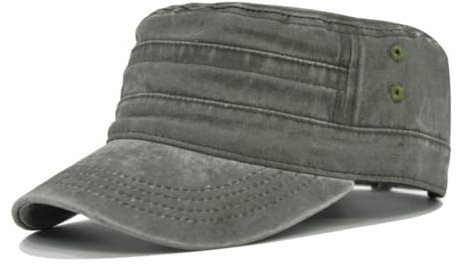Agturber Unisex Cadet Army Cap Vintage Washed Cotton Military Hat Adjustable Flat Top Baseball Cap, Army Green, One Size