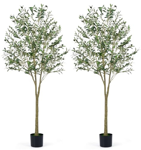 COSTWAY 1/2-pack Konstolivträd, konstgjord växt 180 cm, inomhusväxt med cementkruka och naturliga blad och 64 frukter, konstträd för trädgård, kontor, hemma, 2-pack 180 cm, Ny