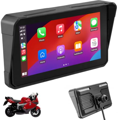 Sunweyer 5-tums motorcykel-pekskärm, bärbar navigeringsenhet med trådlös CarPlay & Android Auto, GPS-navigering, Dual-Bluetooth, IP68 vattentät