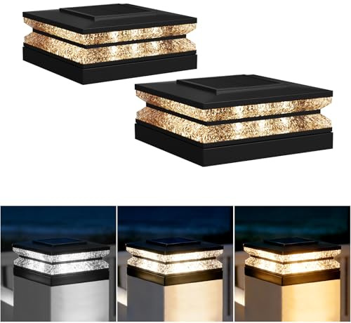 HMAKGG Farolas Solares Exterior, 2 Piezas Luces Solares Sobremuro para Postes de Valla 9x9 10x10 11x11 12x12 13x13cm, 3 Modos, Impermeable Luz Solar Exterior para Jardín Terraza Postes de Madera