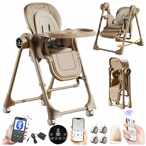 Magic ZC Elettrico Bluetooth Intelligente Pelle PU Seggiolone per Bambini Sedia da Pranzo per Pappa Regolabili Pieghevole Convertibile Multifunzionale con Doppi Vassoi Staccabili e Ruote (E8121 Khaki)