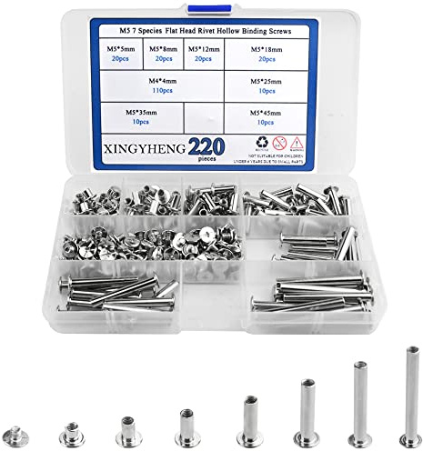 BGTXINGI 220 pcs (110 Lot) M5 7 espèces inoxydable Tête plate Rivet creux Vis de fixation en forme de T rond d'accueil Rivet Assortiment kit pour album de scrapbooking Reliure et réparation pour cuir
