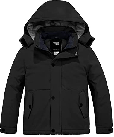 ZSHOW Boy's Ski Jacket Waterproof Thick Quilted Snowboarding Coat with Removable Hood(Black,8)