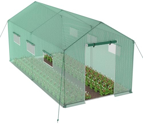 YUENFONG Växthus folieväxthus, 9 ㎡ växthus, folietunnel med rutnät, fönster och dörr, tomathus, vintersäkert foliehus inkl. markankarrep, 450 x 200 x 200 cm