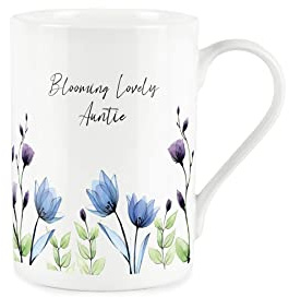 Purely Home Lovely Auntie Flowers Mug - Blue Lilac Blooming Blooms - Bone China Style White Mug Coffee/Tea Present Gift
