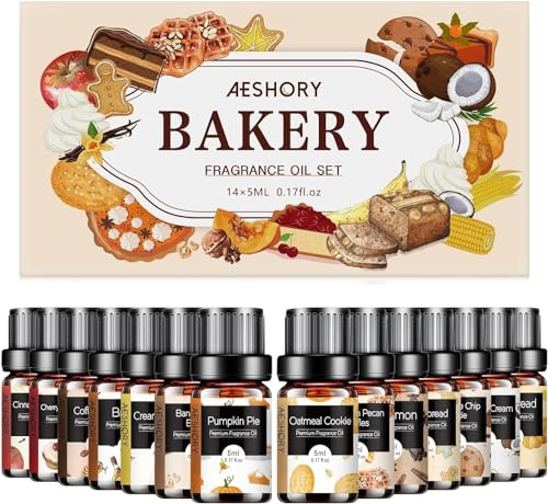 Aeshory Oli Essenziali di Panetteria 14 x 5ML, Set di Olio Essenziale per Diffusori Aroma, Umidificatore, Candele Fai Da Te - Torta di Zucca, Torta al Caffè, Pan di Zenzero, Mela Cannella