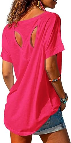 Fisoew Sportshirt Damen Fitness Kurzarm Yoga T-Shirt Leicht Gym Sport Oberteile Locker(Rosa, 2XL)