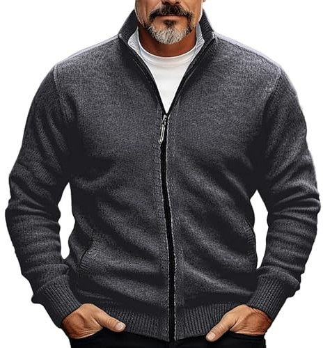 Pull cardigan d'hiver pour homme avec fermeture éclair - Tricot côtelé - Poches courtes - Tricoté - Bloc de couleur - Col montant - Chaud - Trench décontracté avec double col, gris foncé, XXXL