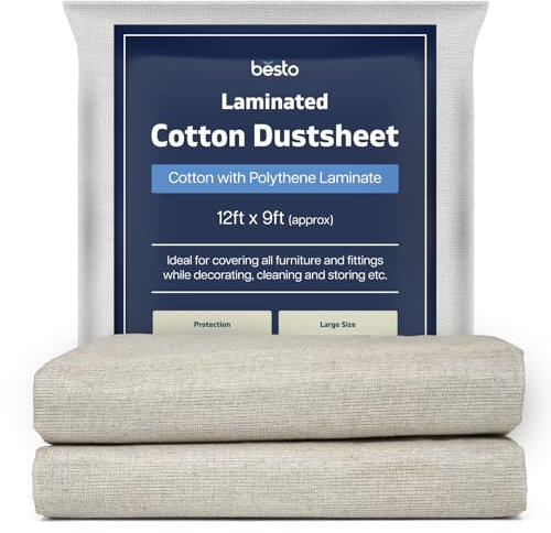 Pack of 2 Cotton Dust Sheets for Decorating, Waterproof 12ft x 9ft Dust Sheets Twill Laminated Polythene Backed Reusable Paint Sheets for Floor, Staircase