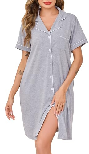 Wikoan Camicie da Notte Classiche da Donna con Scollo a V e Morbido Abito Lungo Abbottonato con Tasche,S-XXL