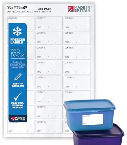 SchoolStickers Freezer Labels - No Residue Adhesive - Easy to Remove - 60x30mm - Made in Britain - 360 Freezer Labels per Pack Supplied on A4 Sheets