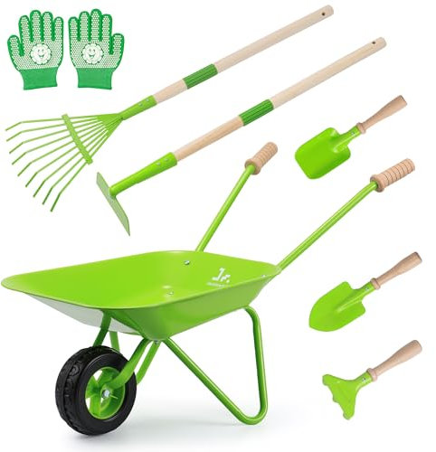 SainSmart Jr. Kinder Schubkarre Set,7 STÜCKE Metallkonstruktion Kinderradlauf und Kindergartengeräte, Kinder Gartenhandschuh, Geschenke für Kinder (grün)