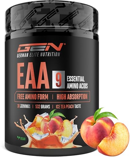 Polvere EAA 532 g (38 porzioni) - Tutti i 9 aminoacidi essenziali incl. istidina e BCAA - Formula Human Code - Vegano - Molto solubile - Bevanda di amminoacidi rinfrescante (Ice Tea Peach)