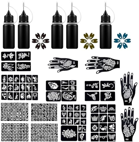 Henna tatueringssatser, 14 ark mallar, glitter, brun, sommarfräknar, naturlig henna pasta (A)