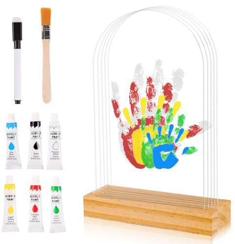 Juego de impresión de manos de la familia, juego de huellas de bebé espacio para 5, impresión de manos y huellas de bebé con base de madera y hojas transparentes acrílicas, ideal como regalo para