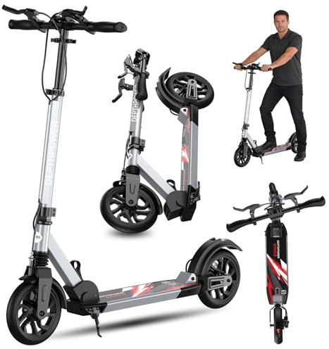 Scooter for Adults Foldable Manual, Heavy Duty Kick Scooter Teens, 8-Inch Big Wheels, Three-Brake & 4 Adjustable Height Levels, 300 Lbs Max Load, Perfect for School, Campus and Park Rides (Gray)