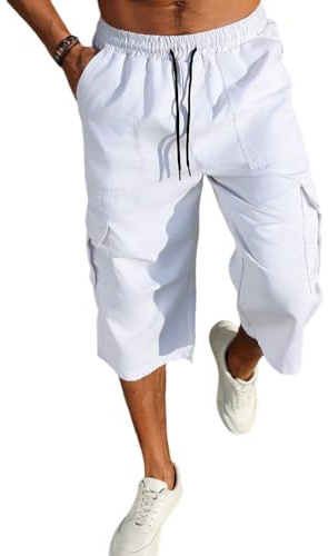 Oanviso Homme Cargo Pantacourt de Sport Élastique Court 3/4 Jogging Shorts Capri Pantalons de Survêtement Lâche Été Bermudas Pantalon Baggy Yoga Léger A Blanc L