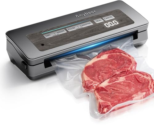 Selladora al vacío, 90 kPa, 100 W, sellado ancho, potente almacenamiento de alimentos, cortador integrado | Almacenamiento de bolsas | Pantalla digital de cuenta regresiva (Gris)