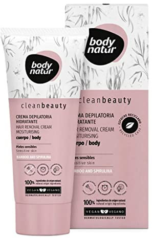 BODYNATUR - Crema Depilatoria Mujer Clean Beauty - Crema Depilación Corporal Bambú y Spirulina - Incluye Espátula - 200 ML