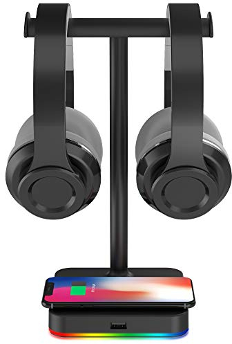 KAFRI RGB-Dual-Kopfhörerständer mit kabellosem Ladegerät, Schreibtisch, Gaming-Doppel-Headset-Halter, Aufhänger mit 10 W/7,5 W QI-Ladepad und QC 3.0 USB-Port – geeignet für Gamer,
