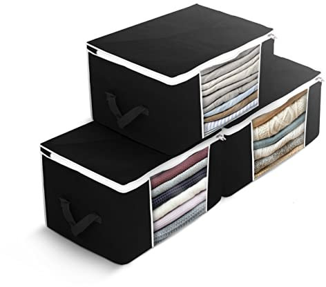 Delka 90L Storage Bags with Lids, Large Storage Boxes with lids, Storage Unit for Clothes, Duvets, Blankets, Toys, Pack of 3 Foldable Organizers with Reinforced Handles and Clear Window - Black