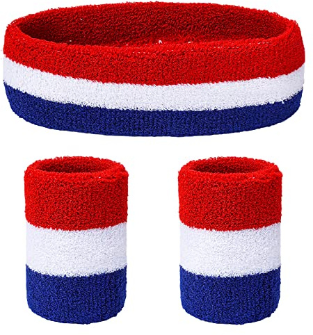 Yolev 3 Piezas de Banda para el Sudor a Rayas Que Incluyen Mu?equera Deportiva y Diadema Accesorios Deportivos para Hombres y Mujeres (Rojo, Blanco, Azul)