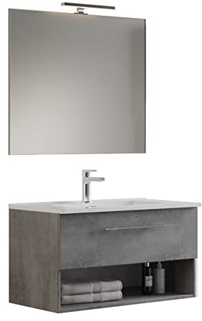 Mama Store GEA2 60 - Mobile Bagno Sospeso 60 CM Cassetto e Vano a Giorno Grigio Cemento con Lavabo, Specchio e Lampada LED, L.62 X P.46 X H.45 cm