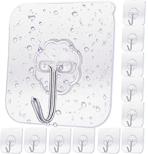 TCPENG® Adhesive Hooks Heavy Duty, 12 PCS Strong Adhesive Hooks for Bathroom,Self Adhesive Hooks Clear,Strong Wall Hooks Adhesive for Kitchen,Home and Office,12 Pack