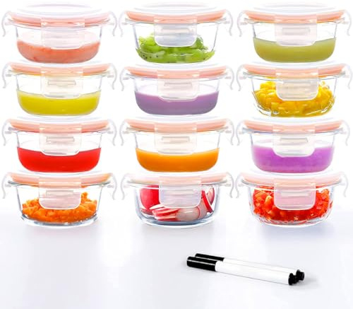 Luvan 7oz Glass Baby Food Containers, 12 Pack with Leakproof Lids, Stackable, Freezer Safe, Baby Bullet Containers for Fruit Purees and Vegetable Mashes