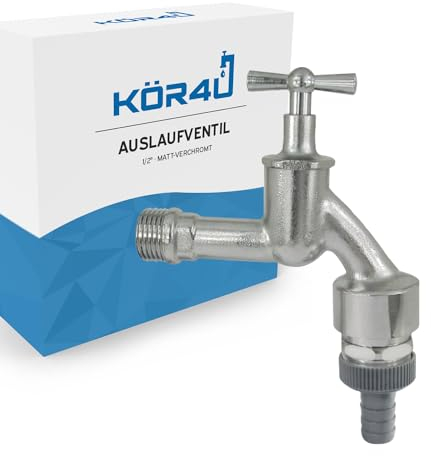 kör4u Auslaufventil matt-verchromt 1/2 Zoll, Messing, mit Schlauchverschraubung, Wasserhahn, geeignet für innen und außen (Auslaufventil 1/2)