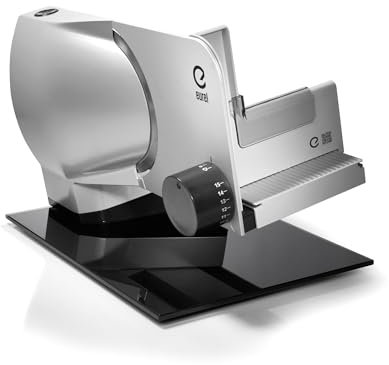 EUREL RS92 Allesschneider Elektrisch Silber – Brotschneidemaschine, Vollmetall, Glasplatte, 0–15mm Schnittstärke, 100W DC-Motor, Servier- & Aufbewahrungsschale