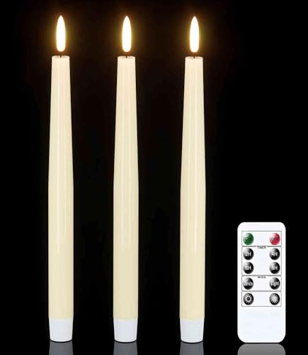 GenSwin Flameless Taper Candles with Remote Timer, Real Wax LED Flickering Candlesticks Battery Operated 3D Wick for Wedding, Party, Home(Ivory, 9.84, Set of 3)