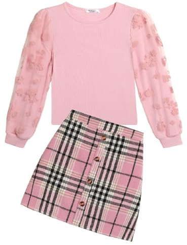 Arshiner Ragazze Completi di Abbigliamento Bambine Elegante Top a Maniche Lunghe con Plaid Gonna Set Autunno Inverno Outfit Moda Coordinati per Ragazze 10-11 Anni