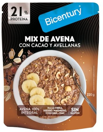 Bicentury Mix Avena con Cacao y Avellanas. Preparado para un desayuno saludable y saciante. Rico en fibra, hierro, magnesio, fósforo y zinc. 220g