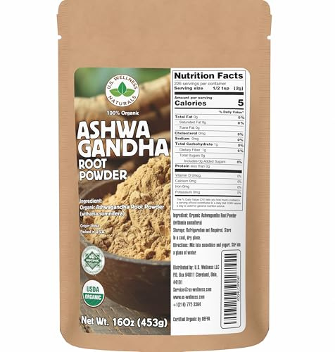 U.S. Wellness Naturals Organic Ashwagandha Root Powder | 1 Pound, No Filler, No Additives| Resealable Powder-Friendly Bag | Non-GMO | Indian Ginseng | Withania Somnifera| India Origin