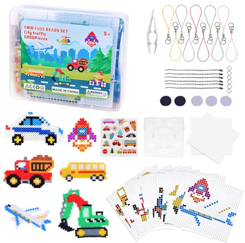 5mm Perline da Stirare Set,5000 Pezzi Colori Perline a Fusione con Tavole Forate,Carta da Stiro,Pinzette,Adesivi per Auto,per Bambini DIY Creativo Regalo di Natale
