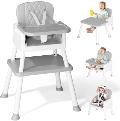 PAMPORPET 6 in 1 High Chairs for Babies and Toddlers, Baby High Chair/Kids Learning Table & Chair with Safety Harness, Removeable Tray for Indoor/Outdoor Use（Grey）