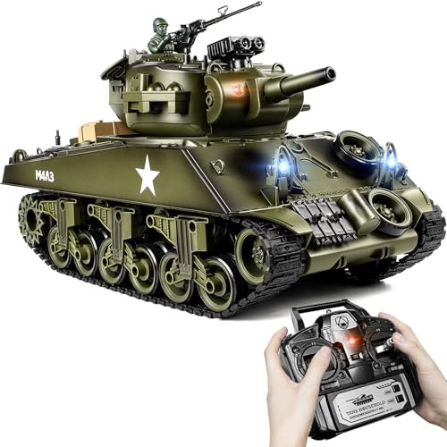 Supdex 1:18 RC Panzer M4A3 Sherman, 2.4GHz Ferngesteuertes Panzer Militärspielzeug, WW2 Modell mit Schussfunktion für Airsoft BBS, Licht, Sound Rauch, für Kinder und Erwachsene