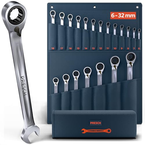 PRESCH Set di chiavi a cricchetto reversibili 20 pz (6-32mm) con borsa – Angolo di ritorno minimo (fino a 2,7°, 135 denti) – Chiavi con cricchetto di precisione e robuste