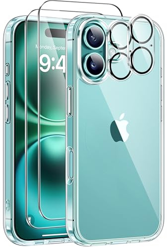 Guisessy 5 en 1 Funda para iPhone 16 con 2 Protector de Pantalla y 2 Protector Lente Cámara, Protección Militar PC Resistente Anti-Amarillo Antigolpes Antiarañazos Phone Carcasa, Transparente