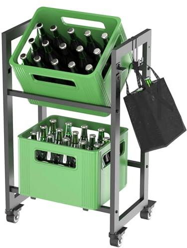DanDiBo Drinks Crate Rack 2 Crates with Grid Hooks Wheels Narrow Metal Black 96649 Drinks Rack Box Shelf Drinks Shelf Container