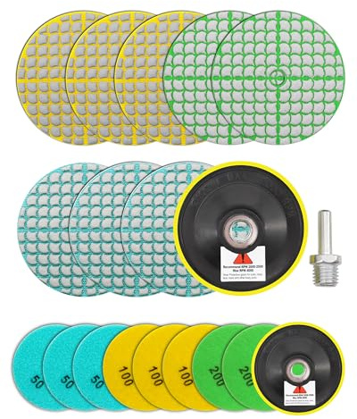 SANLEETEK Almohadillas de Pulido de Diamante - 100mm 8piezas Grano 50x3/100x3/200x2 Disco Diamante Pulir con M14 Plato Apoyo+Adaptador para Granito Mármol Cuarzo Piedra Artificial