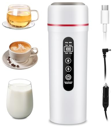 Bollitore elettrico per auto da 12V/24V, piccolo bollitore elettrico per acqua da viaggio, bollitore portatile per auto da 500 ml per preparare caffè e tè, display LCD, tazza riscaldante(White)