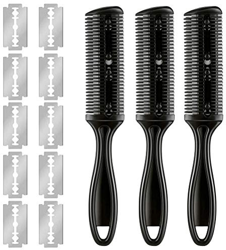 Masyrt 3 Pettini per Capelli, Pettine per Tagliare i Capelli su Doppio Lato con 10 Lame in Acciaio Inossidabile per Tagliare i Professionali a Casa, Rifinitore per Doppie Punte, (Nero)