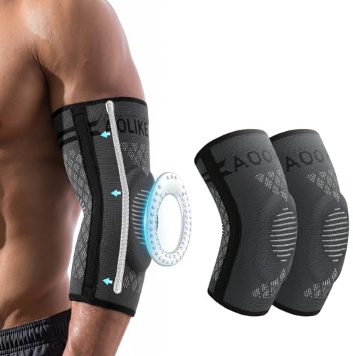 AOOWU Armbågsstöd för män och kvinnor, 2-pack armbågskompressionshylsor, halkfritt armbågsstöd med silikondyna, dubbla stabilisatorer, armbågsskydd för tennis, golfare, tyngdlyftning, tendinit, artrit