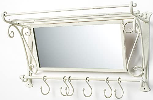 Kobolo Garderobe Antik-Weiß mit Spiegel und 6 Haken Metall