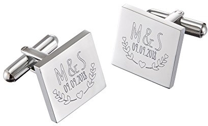 Gravado Gemelli Quadrati in Acciaio Inox con Incisione per Le Nozze, Personalizzati con Iniziali e Data, Motivo Cuore Alloro, Scatola Regalo