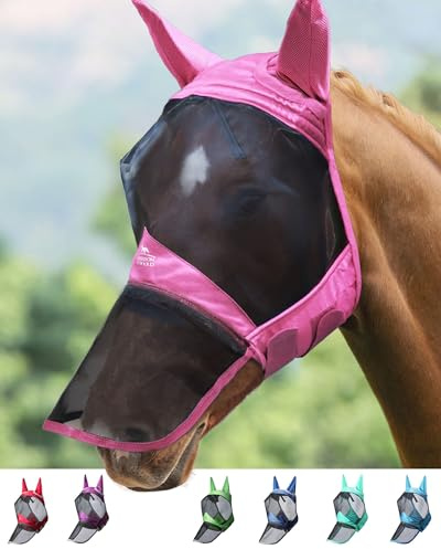Harrison Howard CareMaster Pro Luminous Máscara de Mosca de Caballo Nariz Larga con Orejas Protección UV para Caballo-Rosa Claro (M)